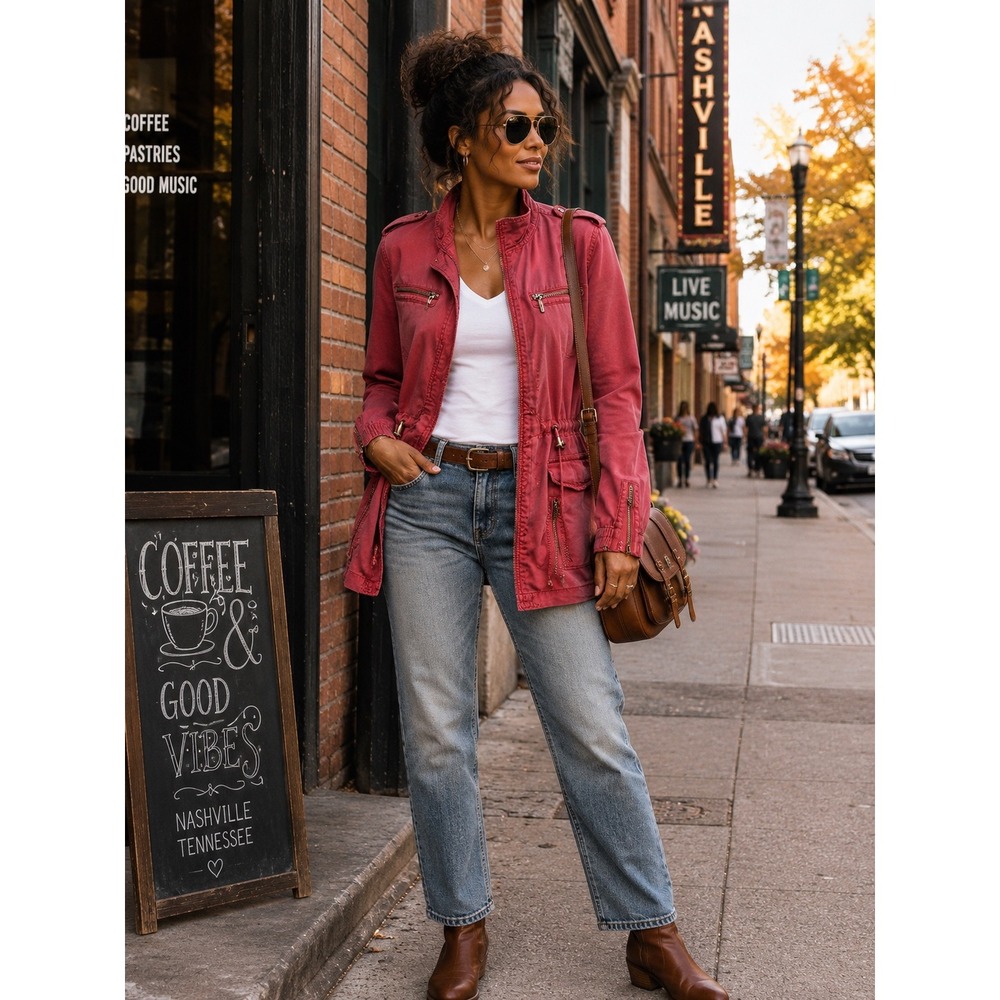 Max Jeans Utility Jacket Womens M Raspberry Red Washed Field Moto Zip Pockets